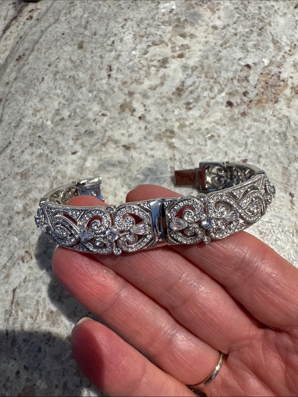 Nadri Vintage Style Victorian Filigree Pave Crystal Hinge Bangle - Picture 10 of 11